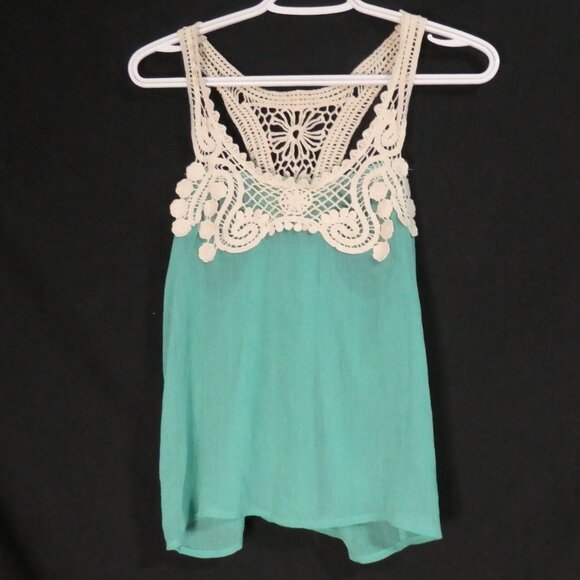 SEDUCTION | medium | Green Raceback Tank With Beige Floral Lace Crochet Upper - Picture 1 of 14